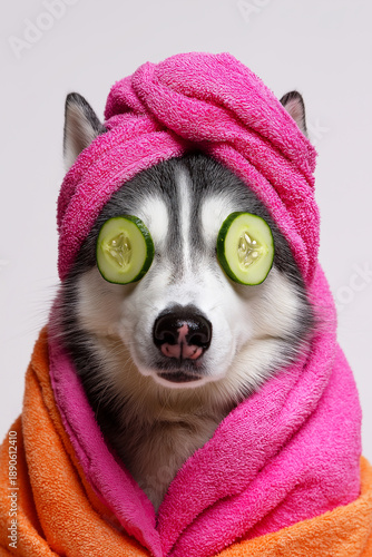 Wallpaper Mural Siberian husky wrapped in pink towel with cucumber slices over eyes in a spa setup. Colorful towels create a playful spa moment. Torontodigital.ca
