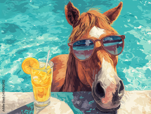 Horse wearing sunglasses drinks orange juice at poolside bar. Sunlit scene shows a playful summer vibe.