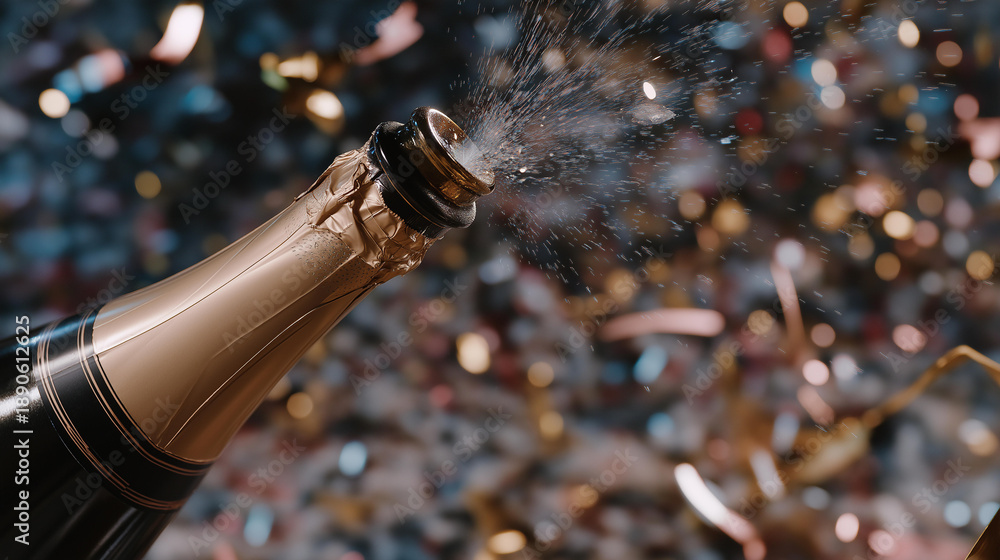 Fototapeta premium A champagne bottle exploding creates a festive atmosphere in celebration, with sparkling droplets cascading and a vibrant backdrop of confetti and party decor, symbolizing joy and triumph.