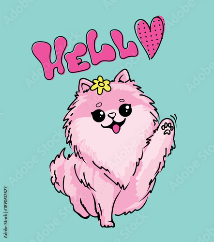 Cute cartoon illustration of a fluffy dog in kawaii style, waving paw with HELLO text and heart. Adorable Pomeranian spitz dog character in pastel colors, cheerful design for kids, stickers, greeting