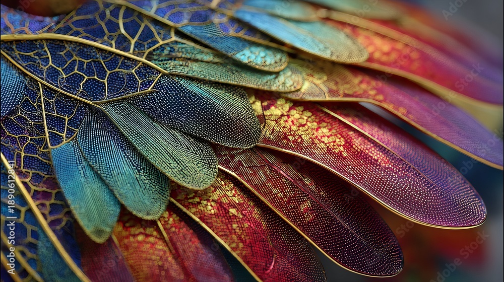 Obraz premium A vibrant and colorful close-up of a bird's feathers with intricate patterns and gold accents