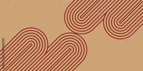 Abstract geometric background with maroon parallel arched lines and mirrored pill shapes on a warm tan backdrop