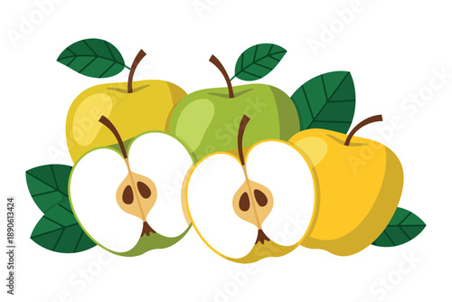 A colorful illustration of apples with leaves on a white background