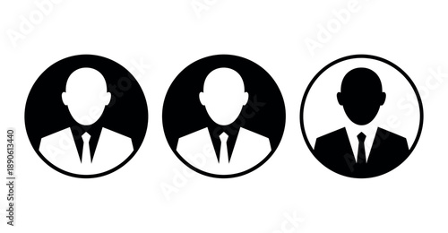 Three black and white silhouette icons of men in business suits and ties in circular avatars
