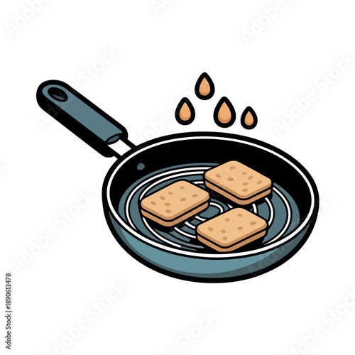 A cartoon illustration of crackers being cooked in a frying pan on a white background
