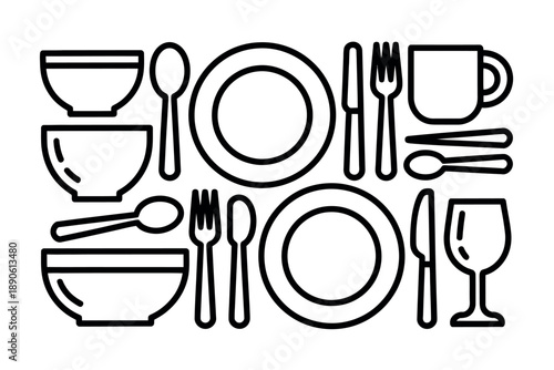 A set of black line drawings of dinnerware and utensils on a white background