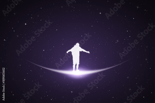 White silhouette of man with outstretched arms. Surreal glowing outline