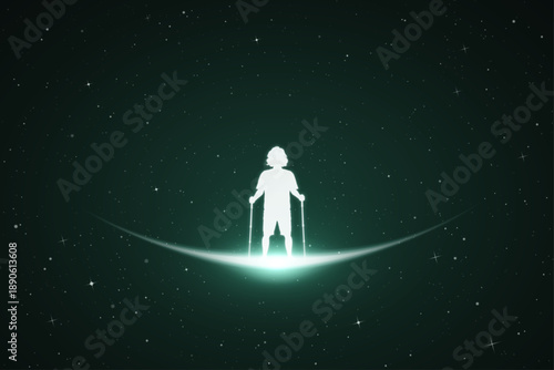 Man with trekking poles silhouette. Surreal glowing outline in space