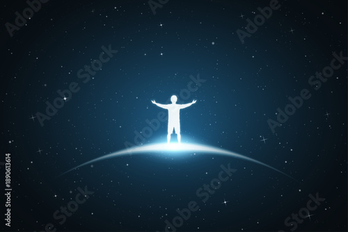 Man with arms outstretched. Surreal silhouette. White outline in space