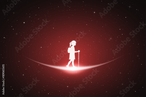 Girl with trekking poles. Surreal silhouette. Glowing outline in space