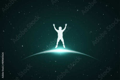 Happy jumping man. Surreal white silhouette. Glowing outline in space