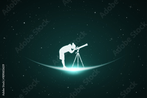 Man with telescope. Glowing outline in space. White surreal silhouette