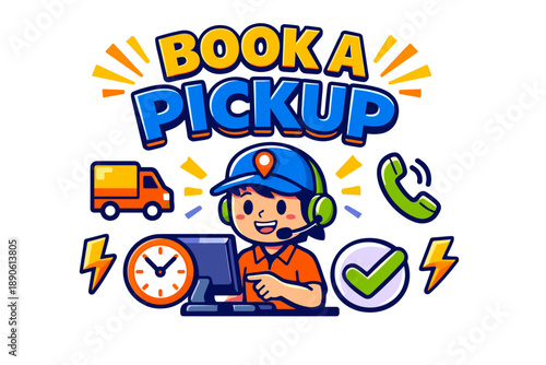 Cartoon delivery service illustration with male operator and pickup icons