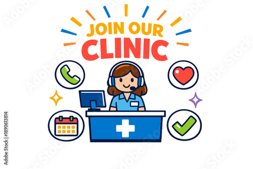 Join our clinic: female receptionist cartoon promoting healthcare services