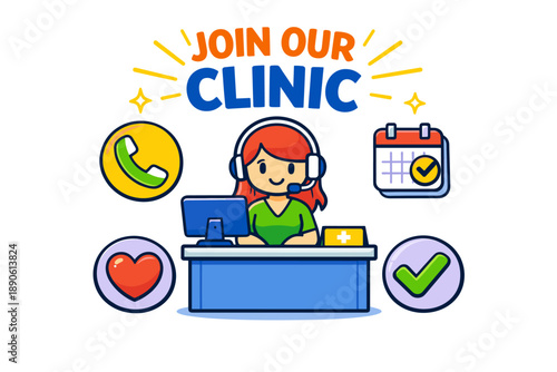 Join our clinic: friendly female receptionist with headset at desk