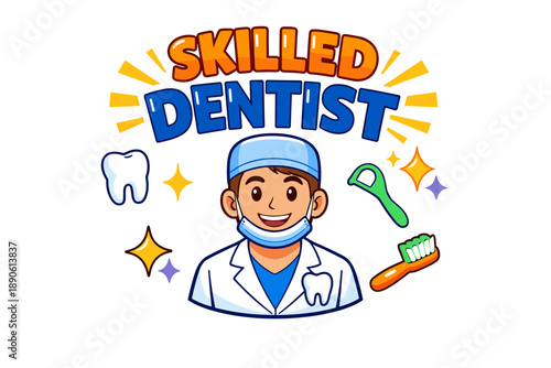 Cartoon male dentist with tools and tooth illustrations