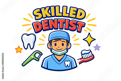Cartoon skilled dentist with tools, tooth, and brush illustration