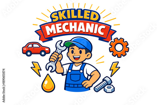Cartoon male mechanic holding wrench with car and tools