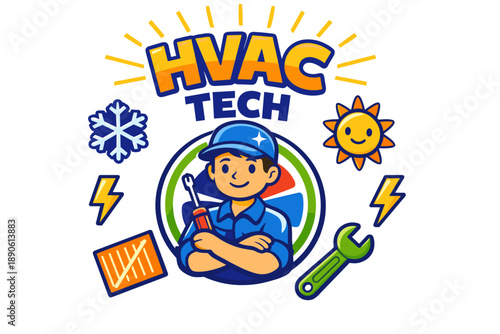Hvac technician logo with tools, sun, snowflake, and energy symbols
