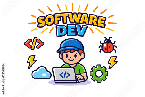 Cartoon young male software developer with laptop and coding icons