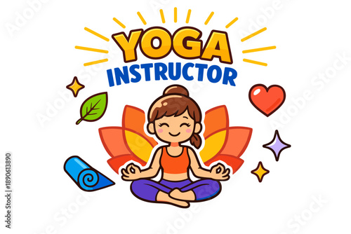 Colorful cartoon yoga instructor illustration with meditating woman and yoga elements