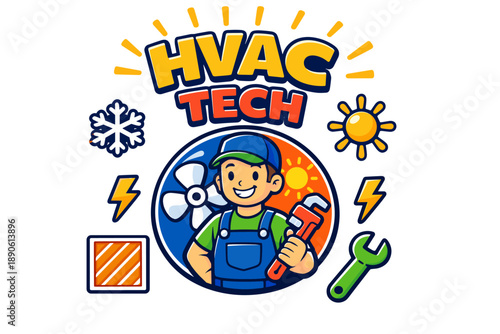 Cartoon hvac technician holding wrench with sun and snow icons