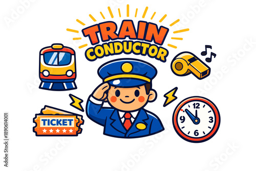 Cartoon train conductor character with train, whistle, ticket, and clock elements