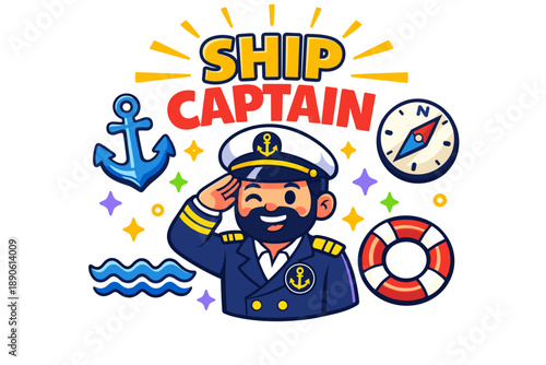 Cartoon ship captain saluting with nautical symbols
