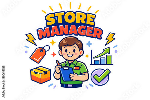 Cartoon male store manager with clipboard and retail icons