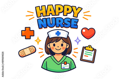 Cheerful female nurse cartoon with medical icons and clipboard