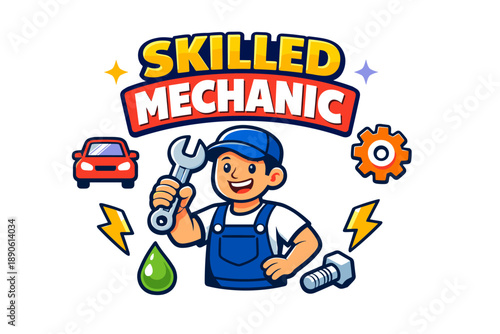 Cartoon mechanic with wrench and car elements illustration