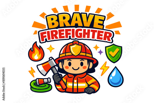 Cartoon firefighter character with axe and firefighting symbols