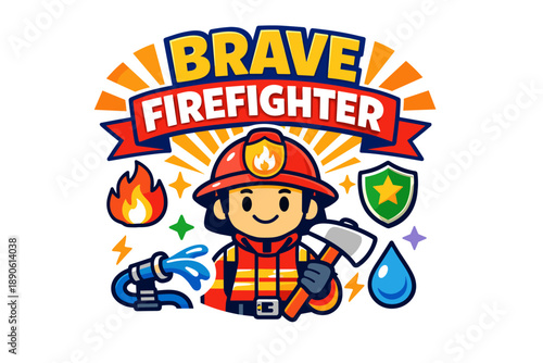 Brave firefighter cartoon: heroic asian female young firefighter with axe and water hose