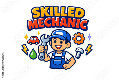 Cartoon young male mechanic character with tools and symbols
