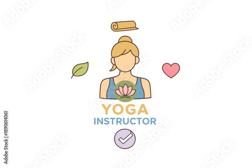 Female yoga instructor icon with lotus and yoga mat elements on white background