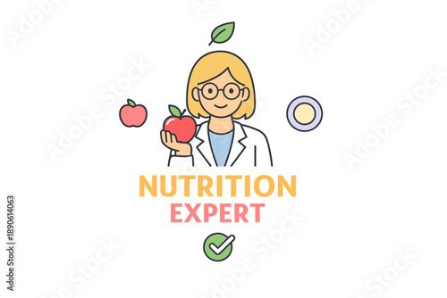 Female nutrition expert with blonde hair holding apple icon