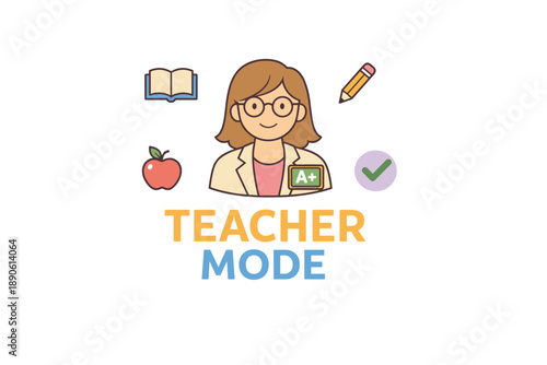 Female educator cartoon with school icons: book, pencil, apple, a+ badge, checkmark