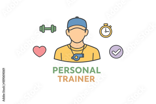 Male personal trainer icon with fitness symbols and equipment