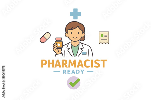 Female pharmacist cartoon with medicine and prescription elements