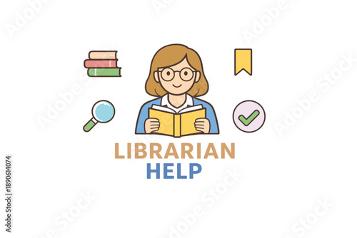 Librarian assistance concept with books, bookmark, magnifying glass, and checkmark icons