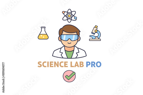 Science lab pro: animated male scientist with glasses and lab icons