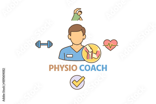 Physiotherapy coach with tools and health icons