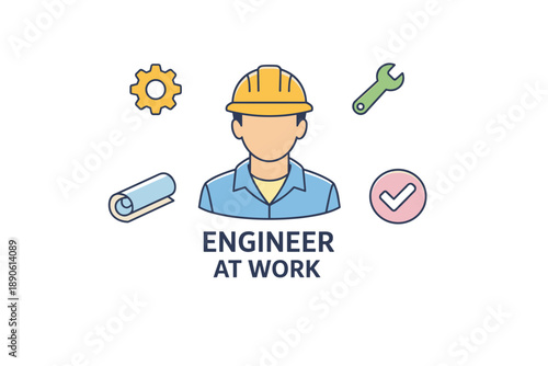 Engineer icon with tools: gear, blueprint, wrench, and check mark