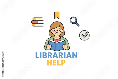 Female librarian assisting with books and research tools clipart