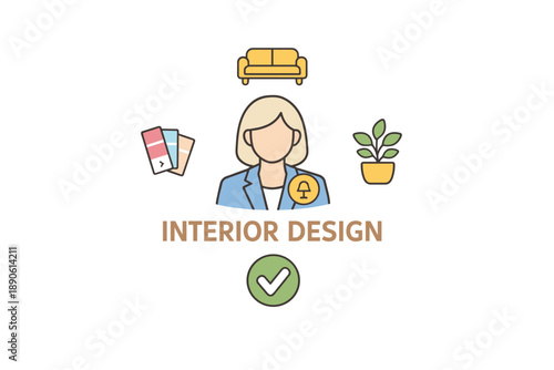 Female interior designer icon with couch, color swatches, and plant in minimalist style