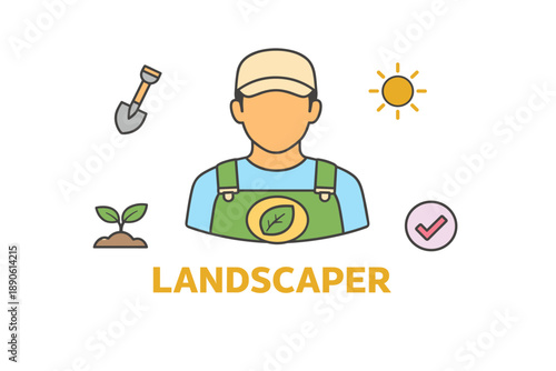 Gardener icon with tools and badge illustrating landscaping theme