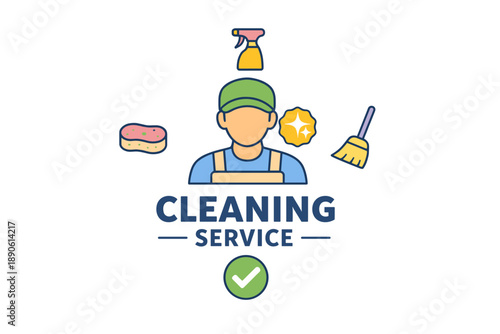 Cleaning service icon with tools and worker in uniform