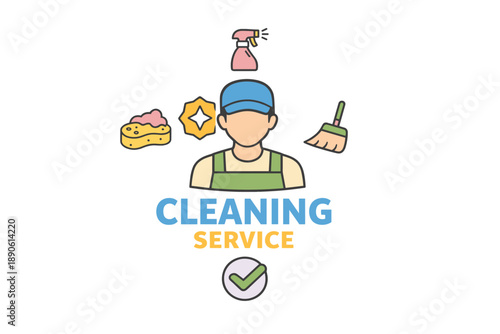 Cleaning service icon featuring male worker with cleaning tools and supplies