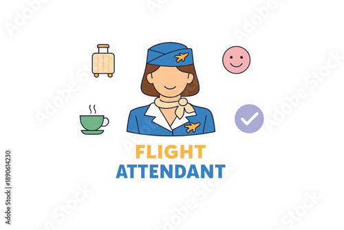 Female flight attendant in uniform with travel icons