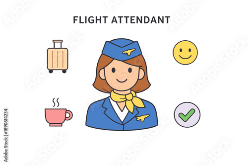 Female flight attendant smiling surrounded by luggage, coffee, and happy icons